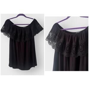 Adrianna Papell Black Lace Off-Shoulder Top, large